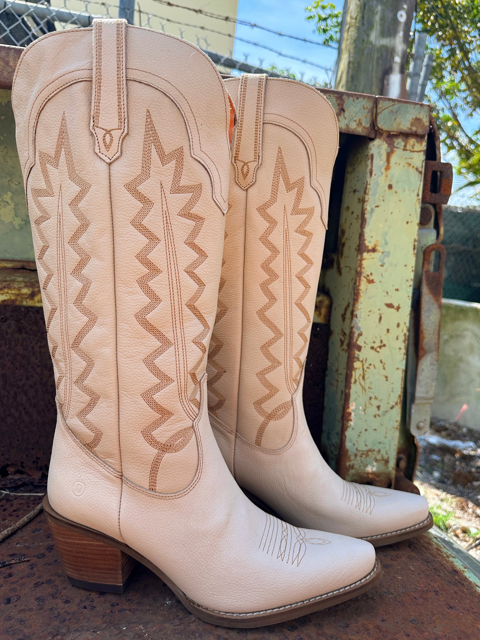 High Cotton Embroidered Sand Leather Knee High Boots (DS)