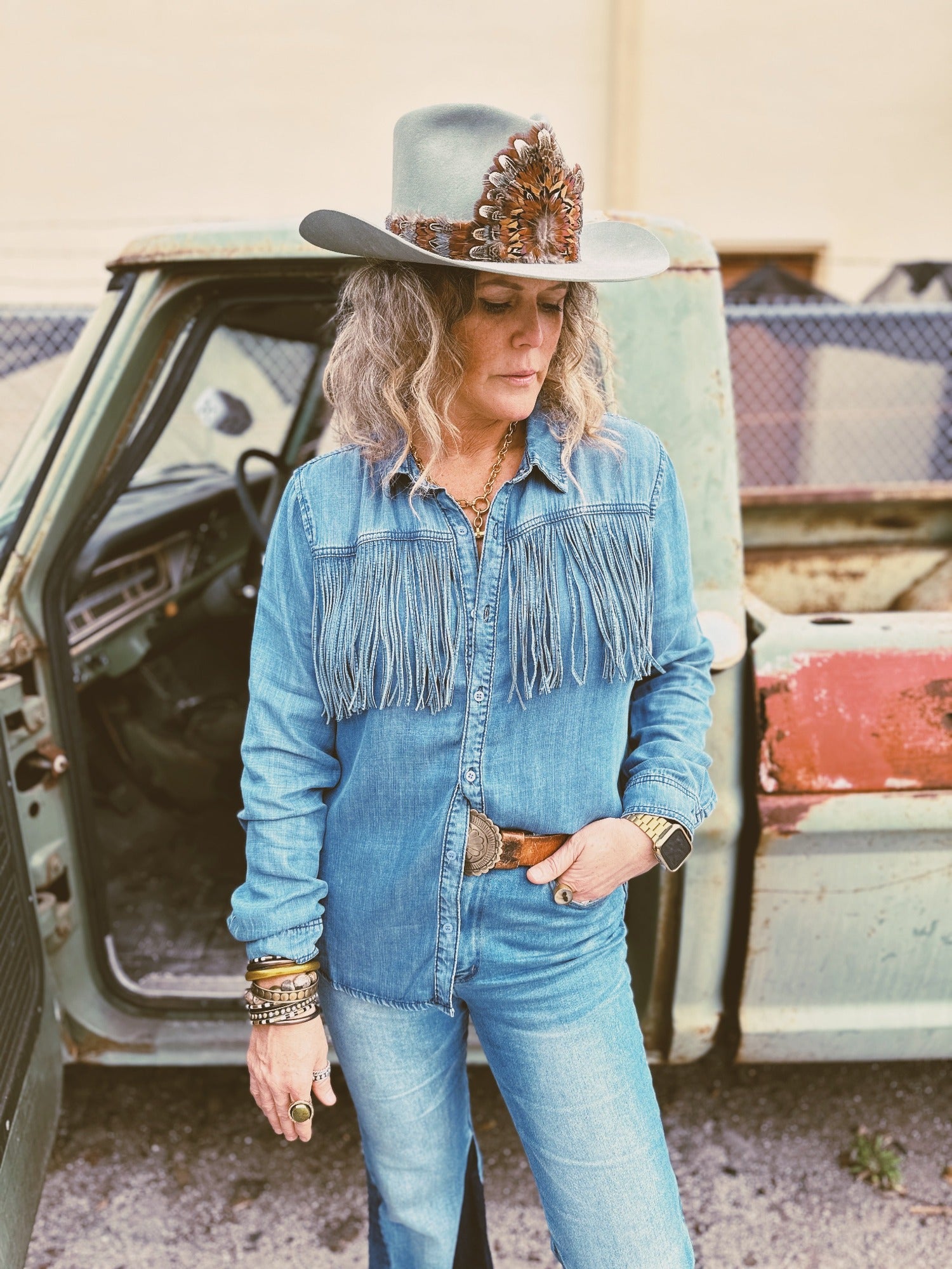 Captivate Western Style Fringe Front Denim Blouse (DS) - Lil