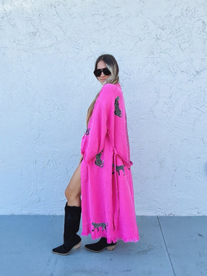 Hot Pink Meow Mix One Of A Kind Hand Painted Leopard Kaftan Robe ~ MADE TO ORDER