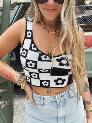 More Than Maybe Floral/Checker Board Print Knit Crop Top