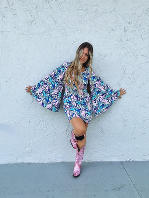 Interstellar Overdrive Psychedelic Floral Print Bell Sleeve Mini Dress