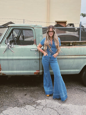 Wide Eyed Wanderer Wide Leg Denim Jumpsuit