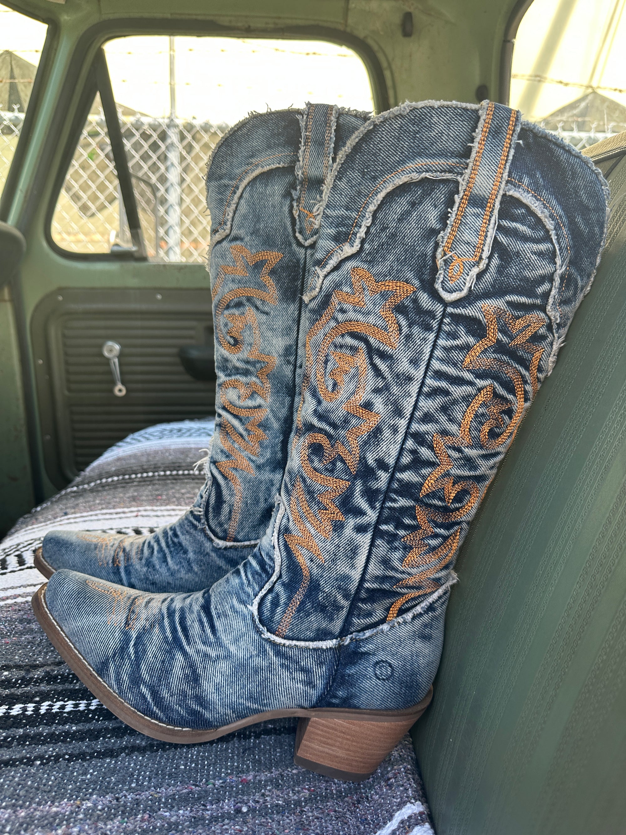 Texas Tornado Distressed Denim Embroidered Knee High Boots (DS) ~ BACKORDER 5/9/24