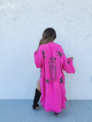 Hot Pink Meow Mix One Of A Kind Hand Painted Leopard Kaftan Robe ~ MADE TO ORDER