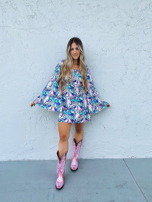 Interstellar Overdrive Psychedelic Floral Print Bell Sleeve Mini Dress