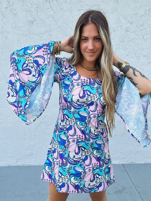 Octopus’s Garden Psychedelic Floral Print Bell Sleeve Mini Dress