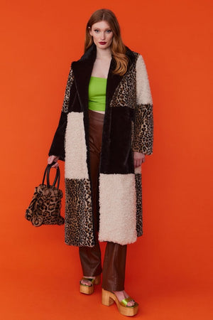 Carmela Checkered Leopard Faux Fur Long Coat