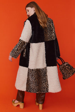 Carmela Checkered Leopard Faux Fur Long Coat