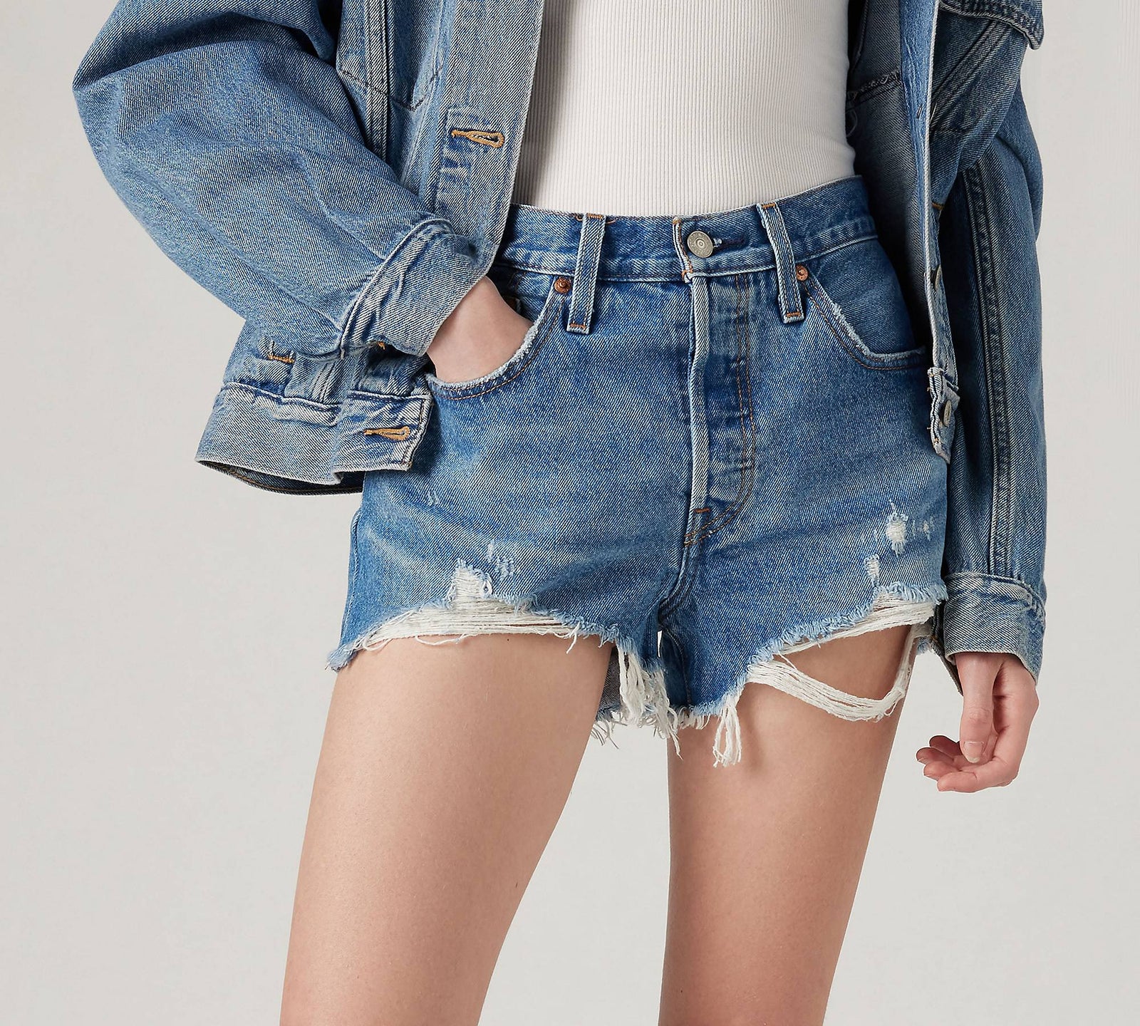 LEVIS 501 Original High Rise Button Fly Cut Off Jean Shorts - Medium Denim Wash