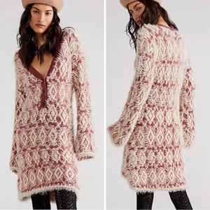 Free People Fuzzy Feelings Super Soft Angora Sweater Dress- Burgundy/Cream - Size Large