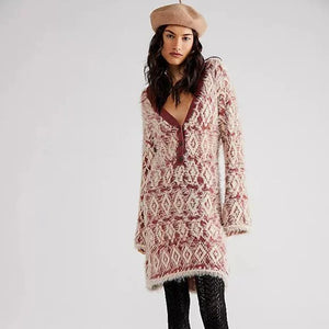 Free People Fuzzy Feelings Super Soft Angora Sweater Dress- Burgundy/Cream - Size Large