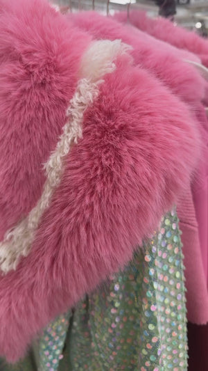 Cari Calypso Iridescent Sequin Velvet Sequin Fur Trim Trench Coat