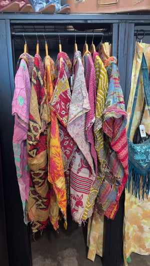 Eyes Of The World Handmade Reversible Kantha Quilt Poncho with Hoodie