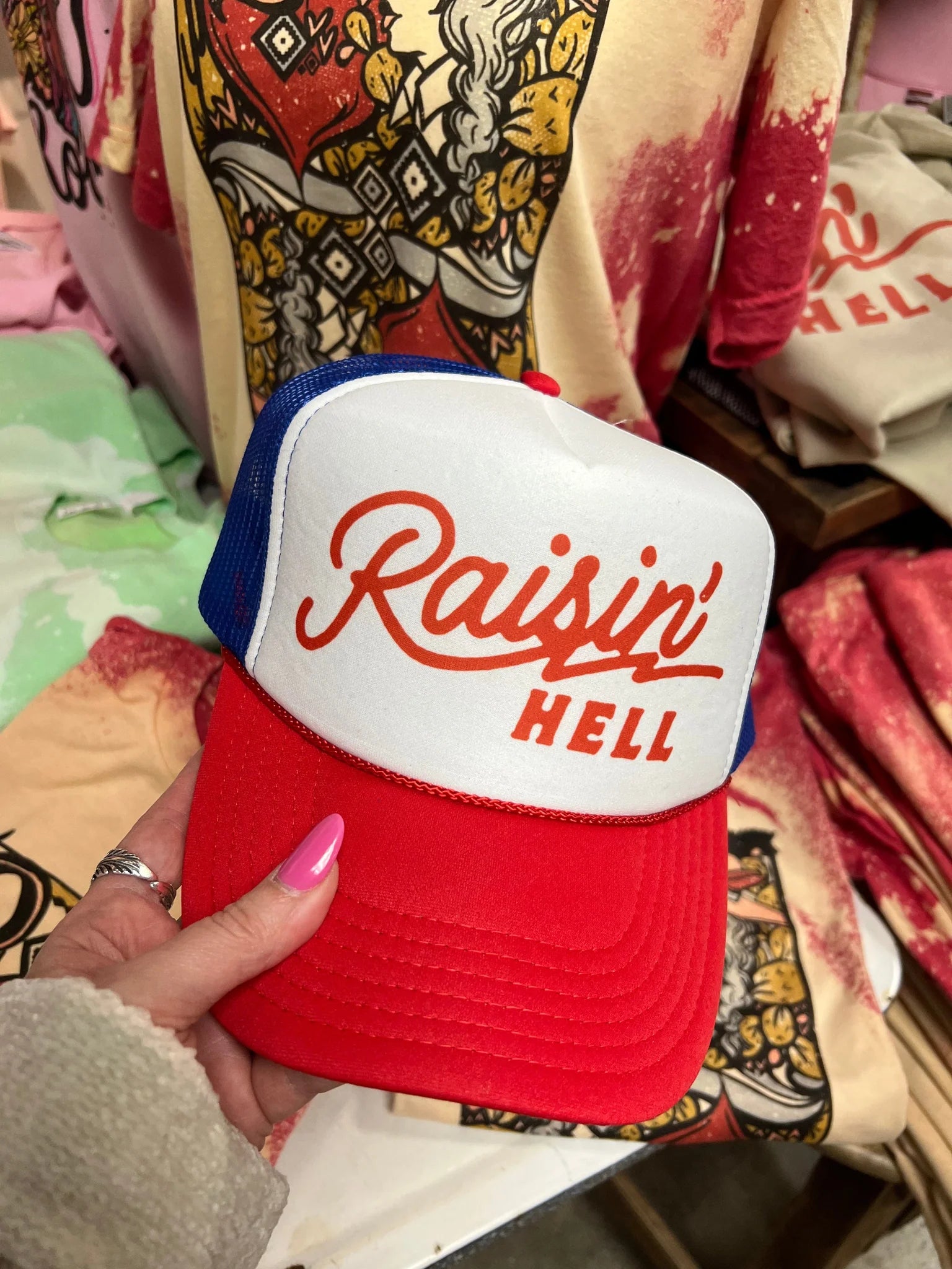 Red and white trucker hat wholesale store