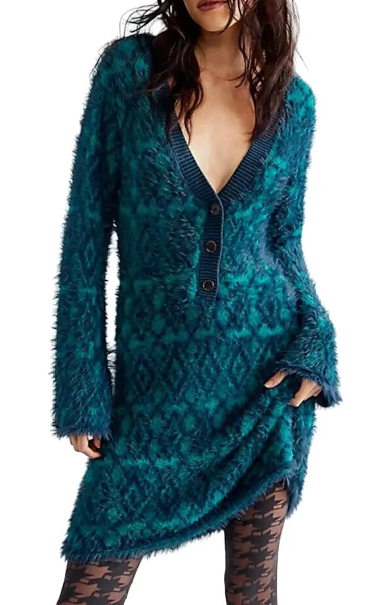 Free People Fuzzy Feelings Super Soft Angora Sweater Dress- Teal/Blue - Size Large