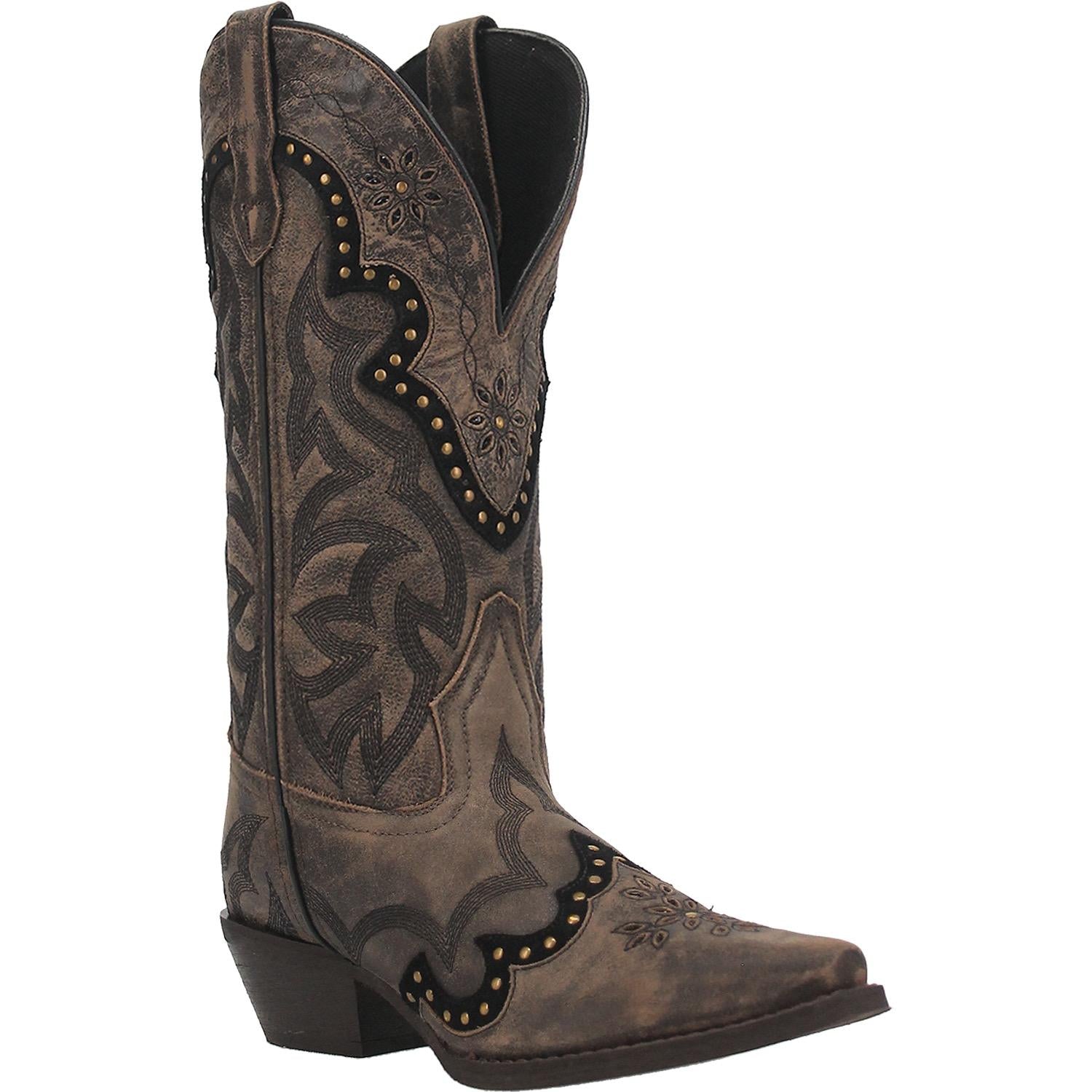 Skyla Brown Leather Gold Studded Floral Detailed Boots (DS) ~ PREORDER 11/30