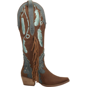 Dream Catcher Brown Embroidered Feather Leather Boots (DS)