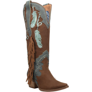 Dream Catcher Brown Embroidered Feather Leather Boots (DS)