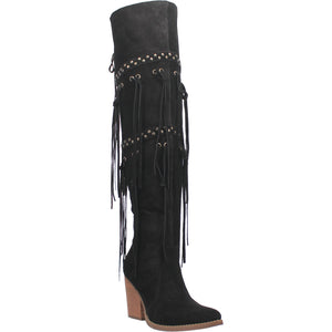 Witchy Woman Black Leather Fringe Boots (DS)