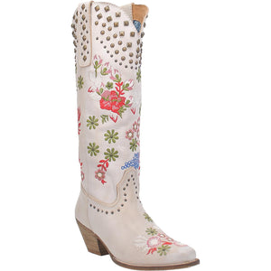 Poppy White Embroidered Flower Leather Boots (DS)