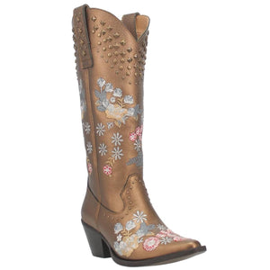 Poppy Bronze Embroidered Flower Leather Boots (DS)
