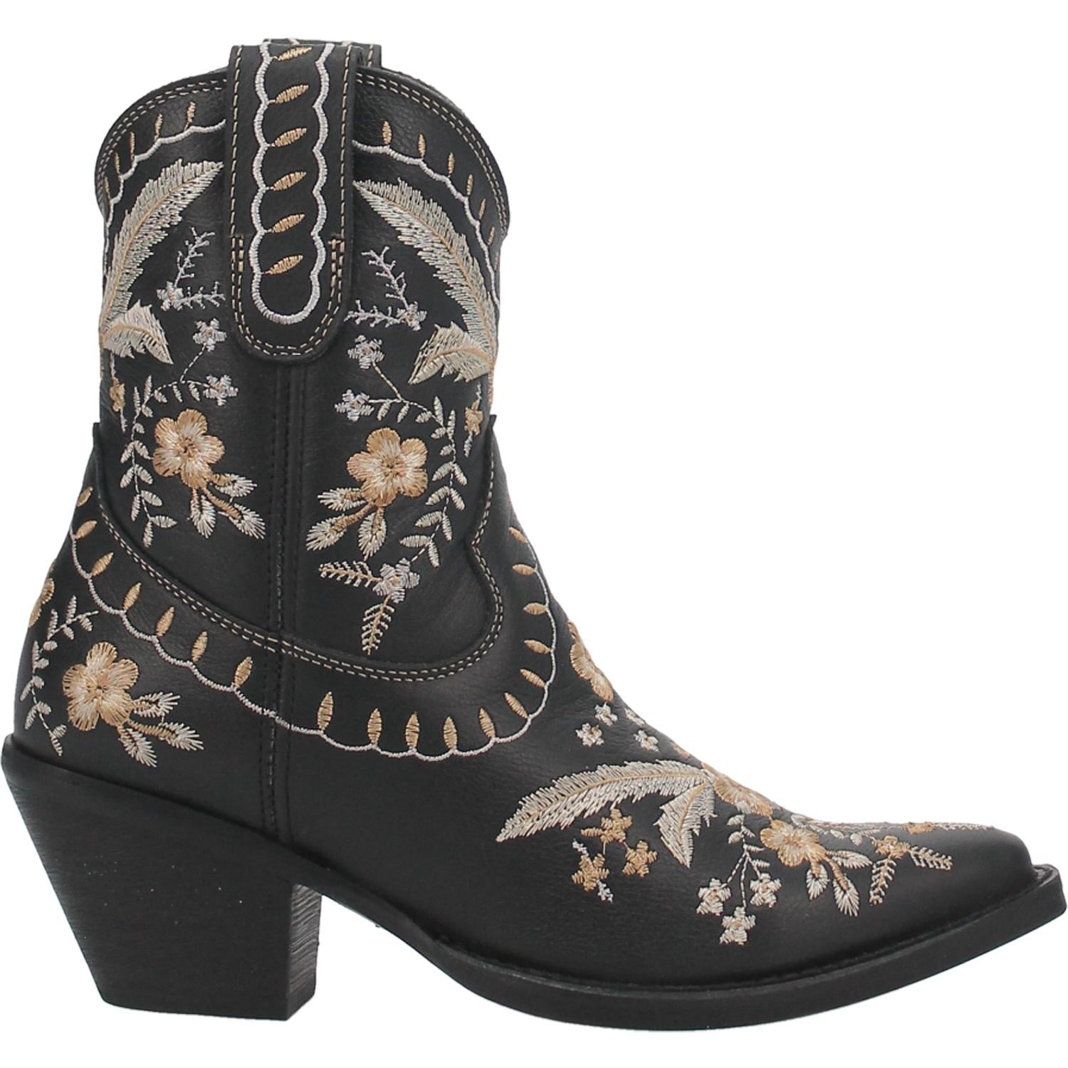 Primrose Black Leather Boots w/ Stitched Floral Designs (DS)