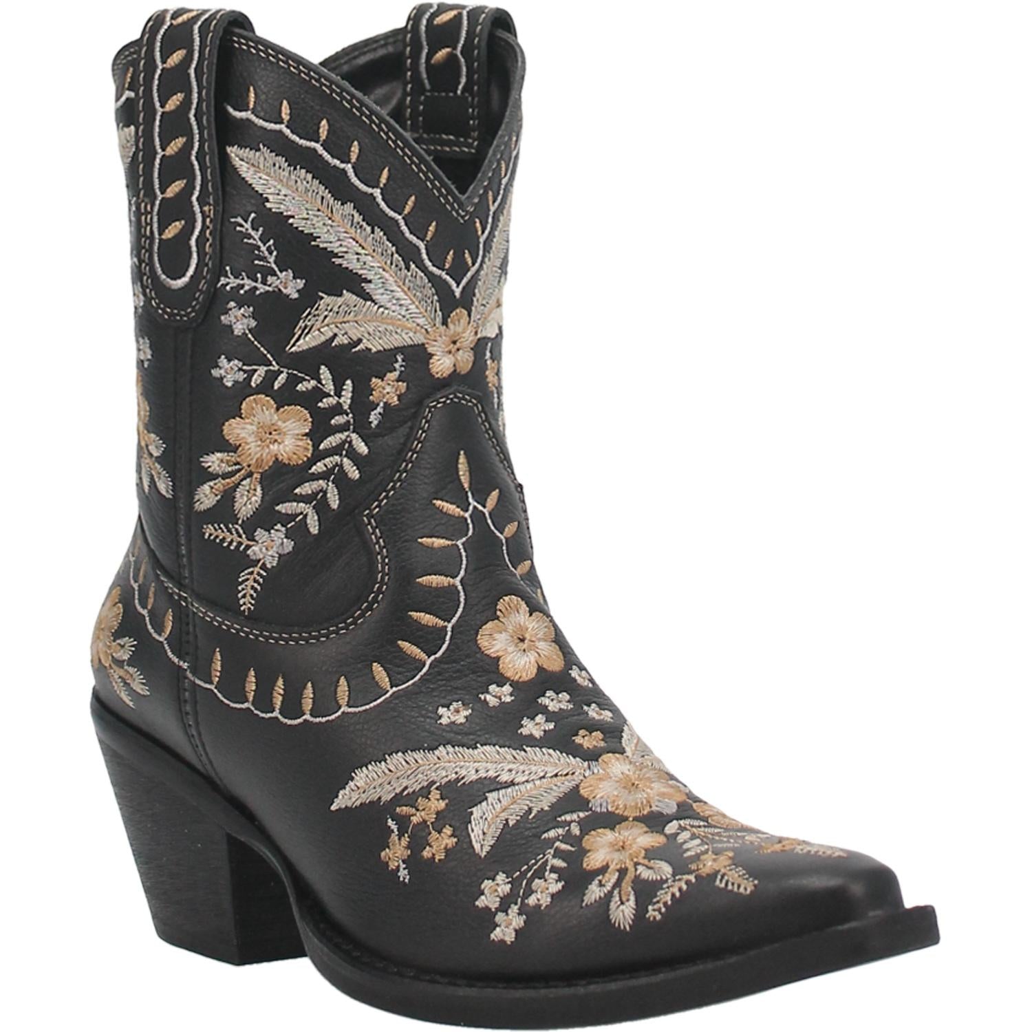 Primrose Black Leather Boots w/ Stitched Floral Designs (DS)