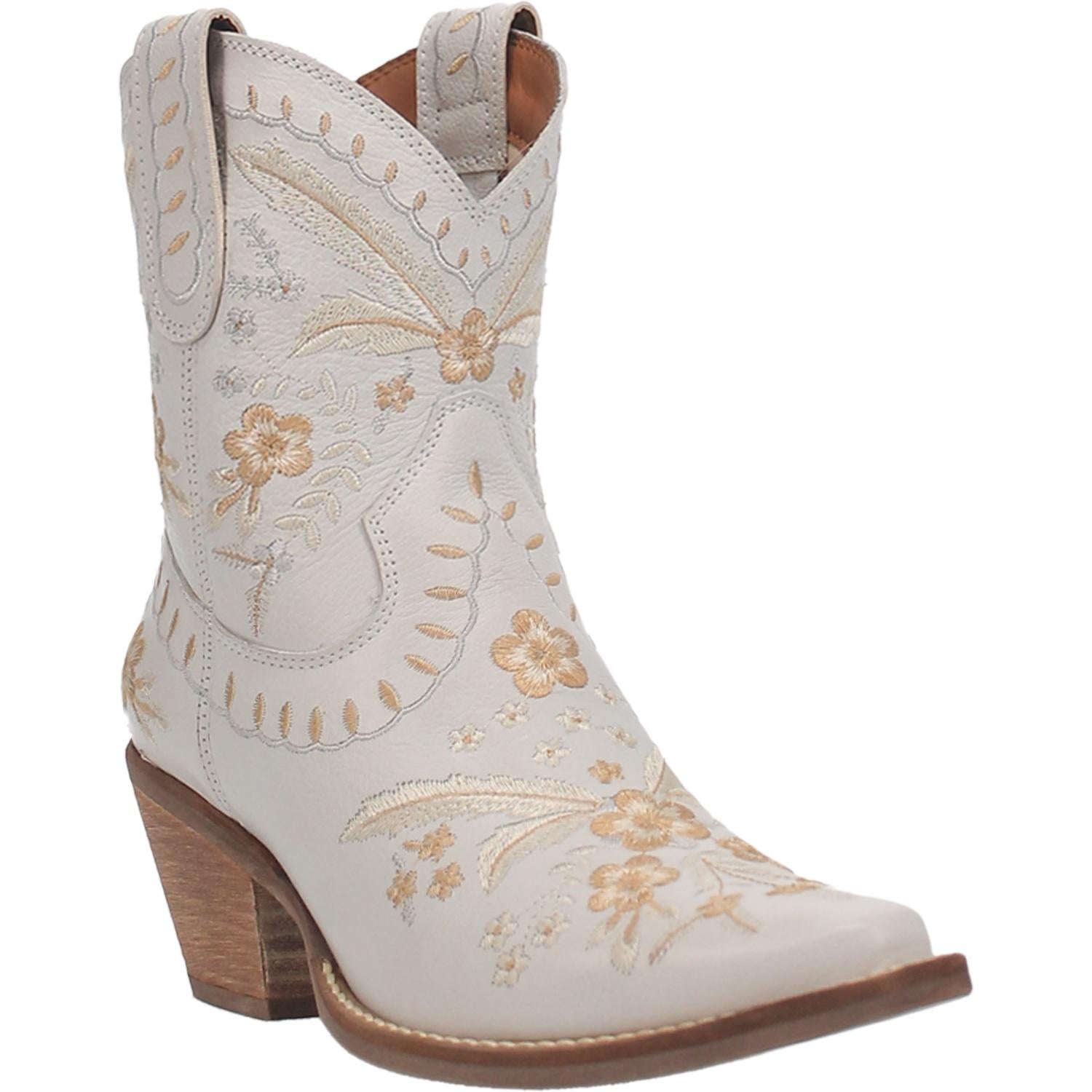 Primrose White Leather Boots w/ Stitched Floral Designs (DS)