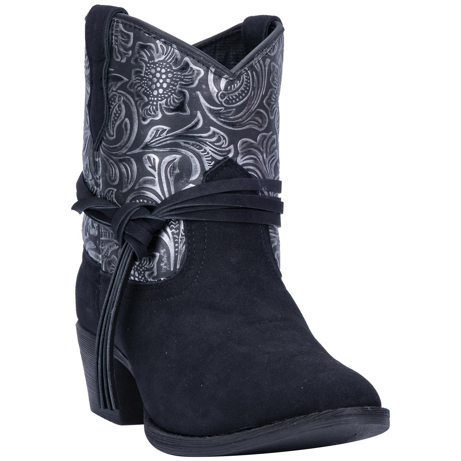 Valerie Black Tooled Leather Tie Around Booties (DS)