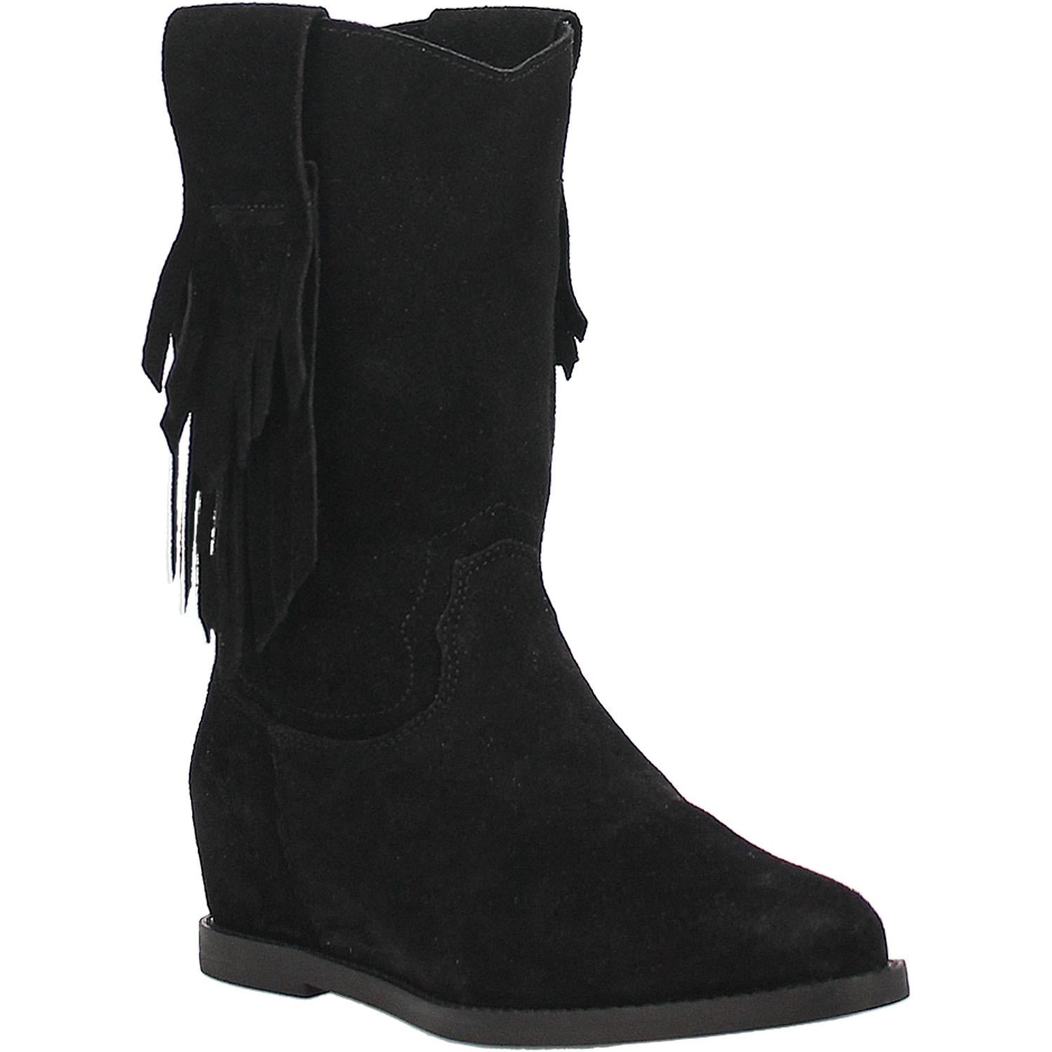 Kelsey Black Suede Hidden Wedge Fringe Boots (DS)