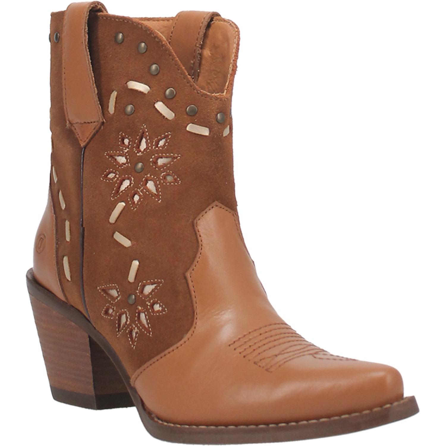 Old Town Studded Flower Camel Leather Suede Booties (DS)