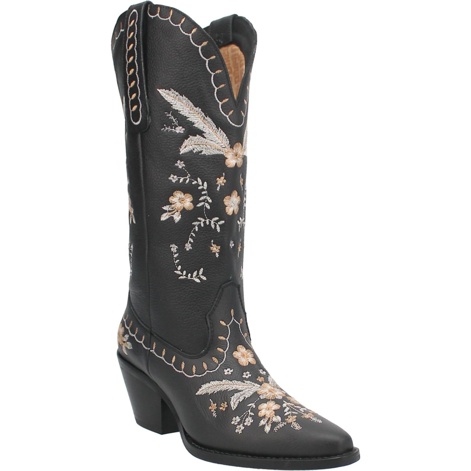 Full Bloom Black Embroidered Flower Leather Boots (DS) - BACKORDER 8/20