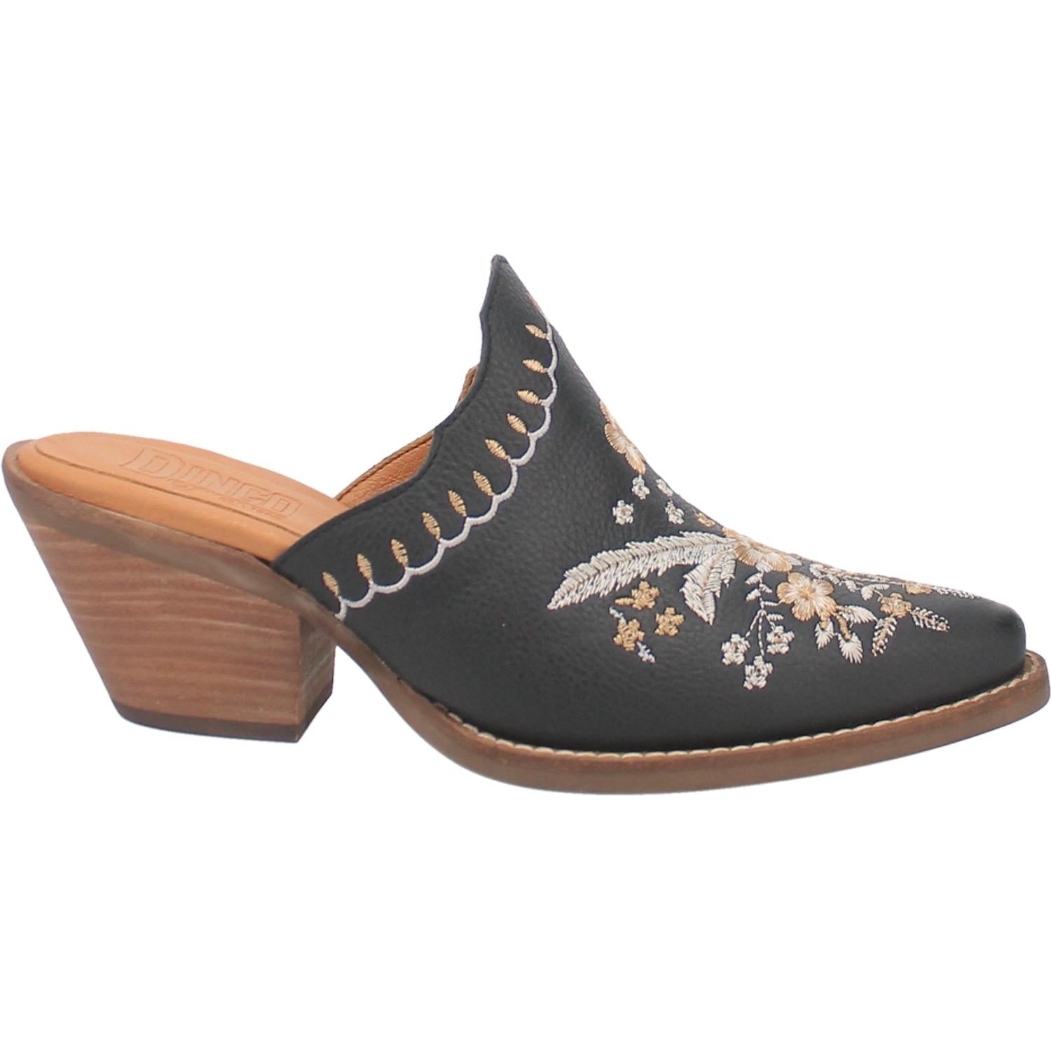 Wildflower Black Embroidered Floral Leather Mules (DS)