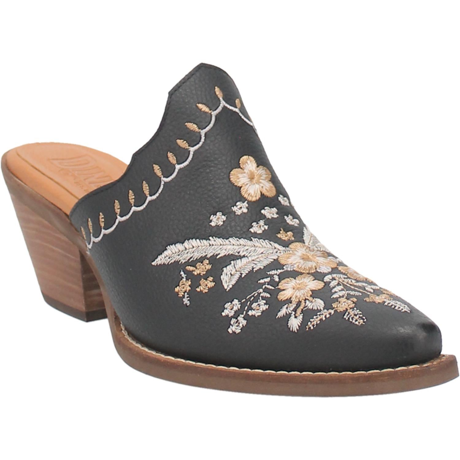 Wildflower Black Embroidered Floral Leather Mules (DS)