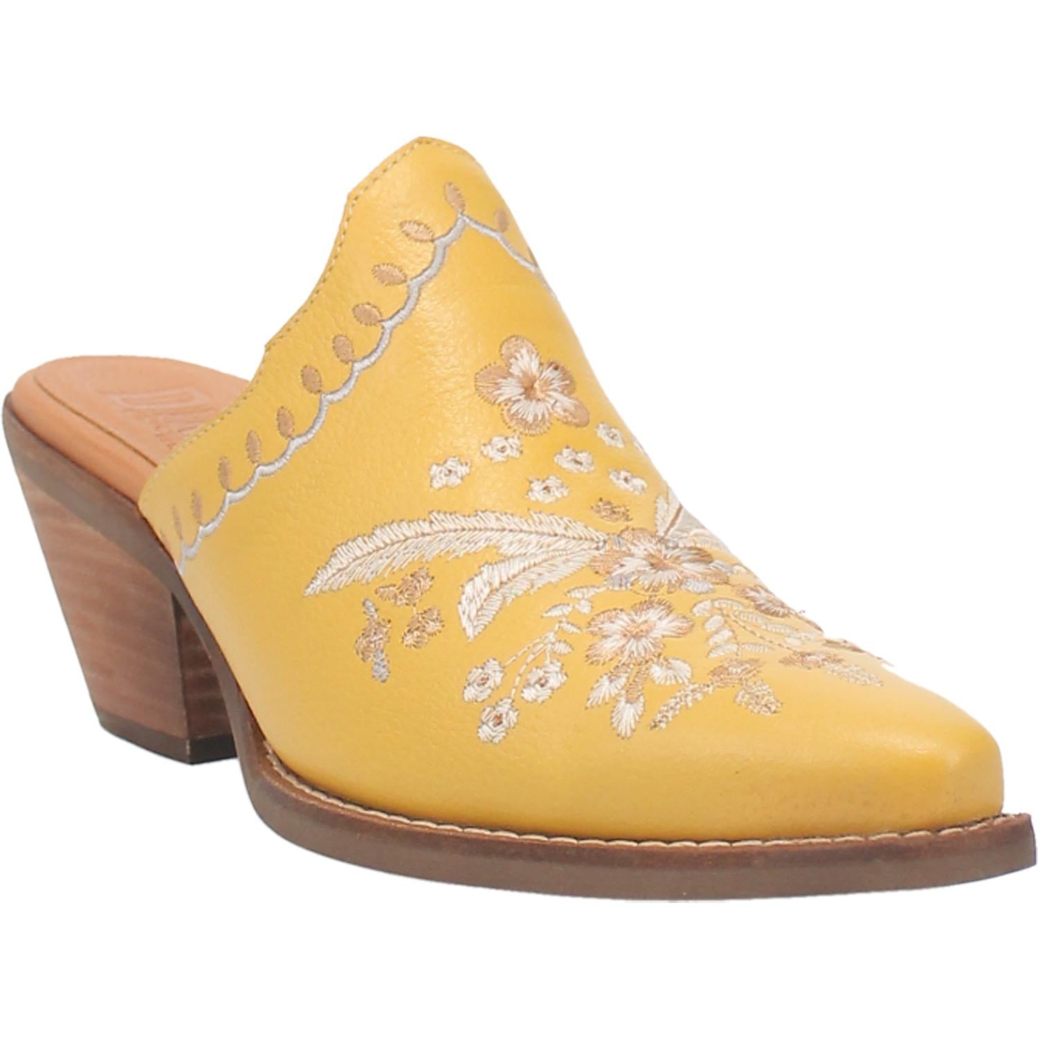 Wildflower Yellow Embroidered Floral Leather Mules (DS)