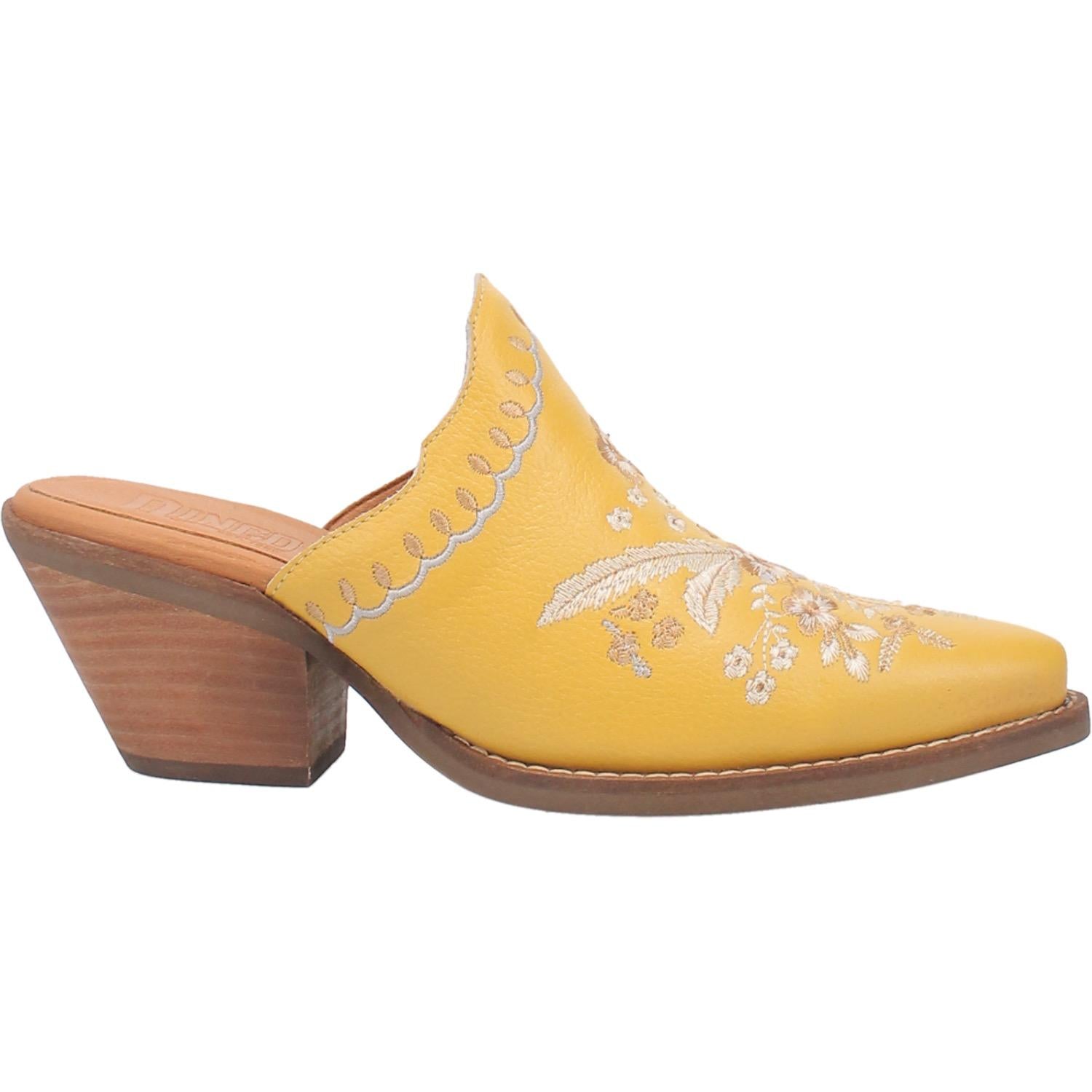 Wildflower Yellow Embroidered Floral Leather Mules (DS)