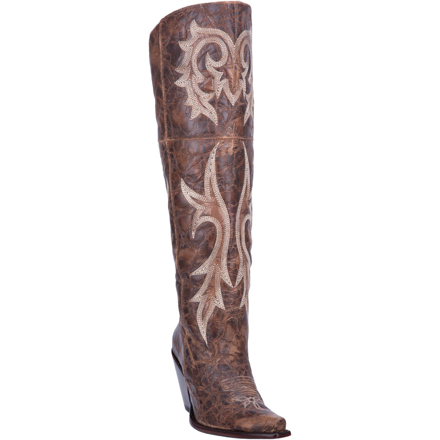Jilted Distressed Embroidered Brown Leather Over The Knee High Boots (DS)
