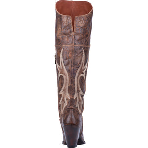 Jilted Distressed Embroidered Brown Leather Over The Knee High Boots (DS)