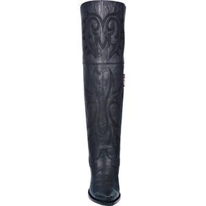 Jilted Embroidered Black Leather Over The Knee High Boots (DS)