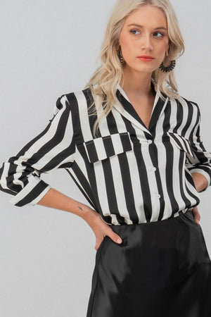 "Ole Prison Guard" Black & White Stripe Textured Satin Button Up Blouse