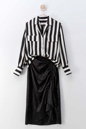 "Ole Prison Guard" Black & White Stripe Textured Satin Button Up Blouse