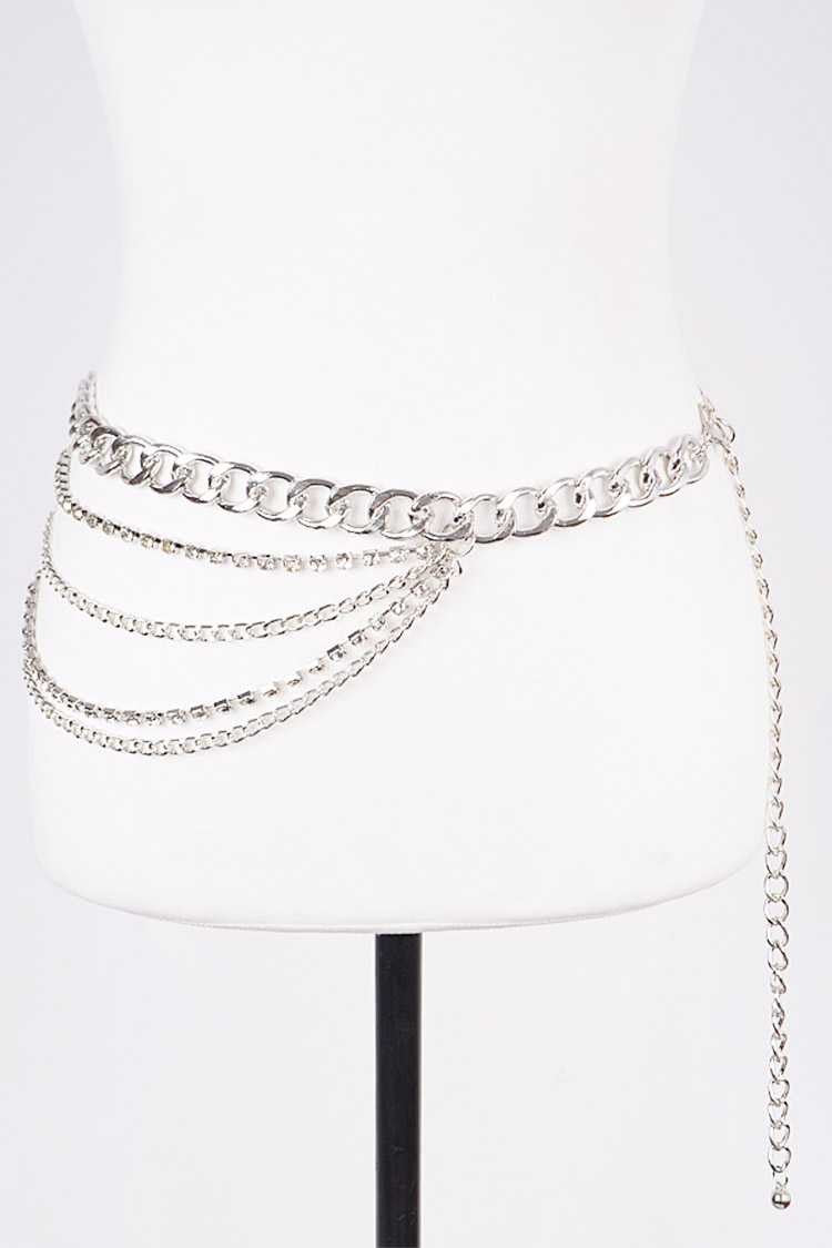 "Ole Chain Gang" Silver Chain & Rhinestone Layered Hip Belt