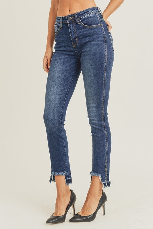 Let'er Rip Dark Blue Denim Tattered Cropped Hem Skinny Jeans