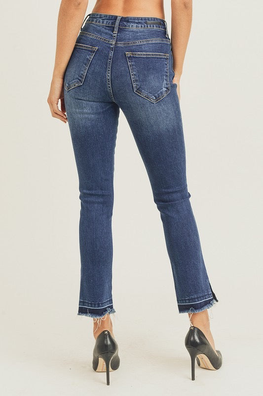 Let'er Rip Dark Blue Denim Tattered Cropped Hem Skinny Jeans - Lil Bee ...