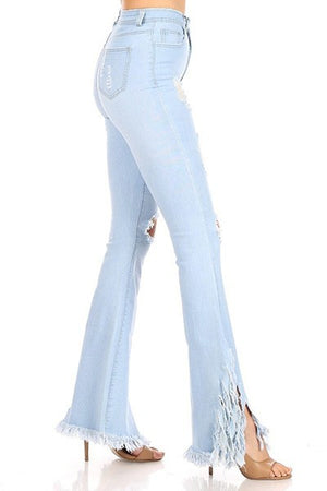Street Sweeper LIGHT BLUE Distressed Denim Frayed Fringe Bell Bell Bottom Jeans~ FINAL SALE