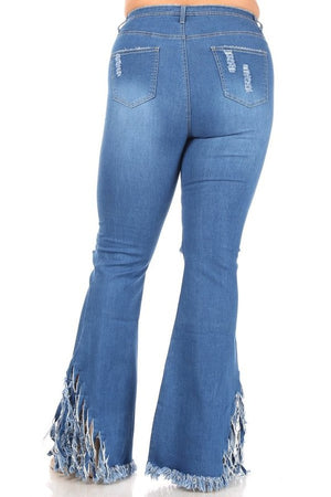 Street Sweeper MEDIUM BLUE Distressed Denim Frayed Fringe Bell Bell Bottom Jeans~ FINAL SALE