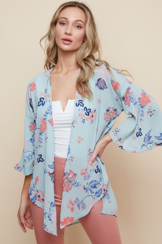 Jackie Blue Floral Print Bell Sleeve Kimono ~ FINAL SALE