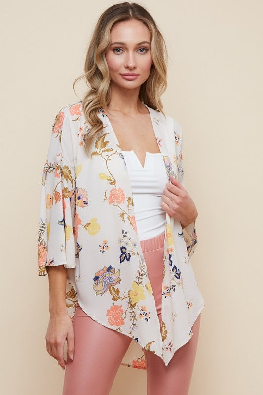 Jackie Ivory Floral Print Bell Sleeve Kimono ~ FINAL SALE