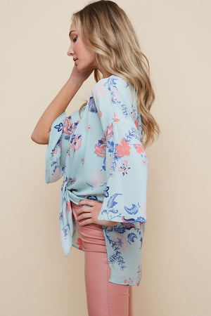 Jackie Blue Floral Print Bell Sleeve Kimono ~ FINAL SALE