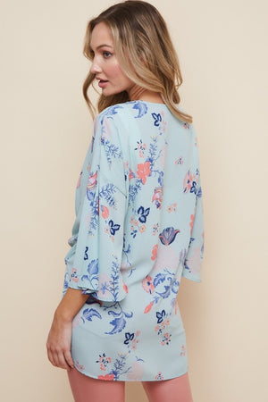 Jackie Blue Floral Print Bell Sleeve Kimono ~ FINAL SALE